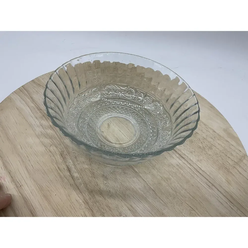 Clear Glass Serving Bowl Round Geometric Pressed Pattern Kitchen Decor‎ Tabletop